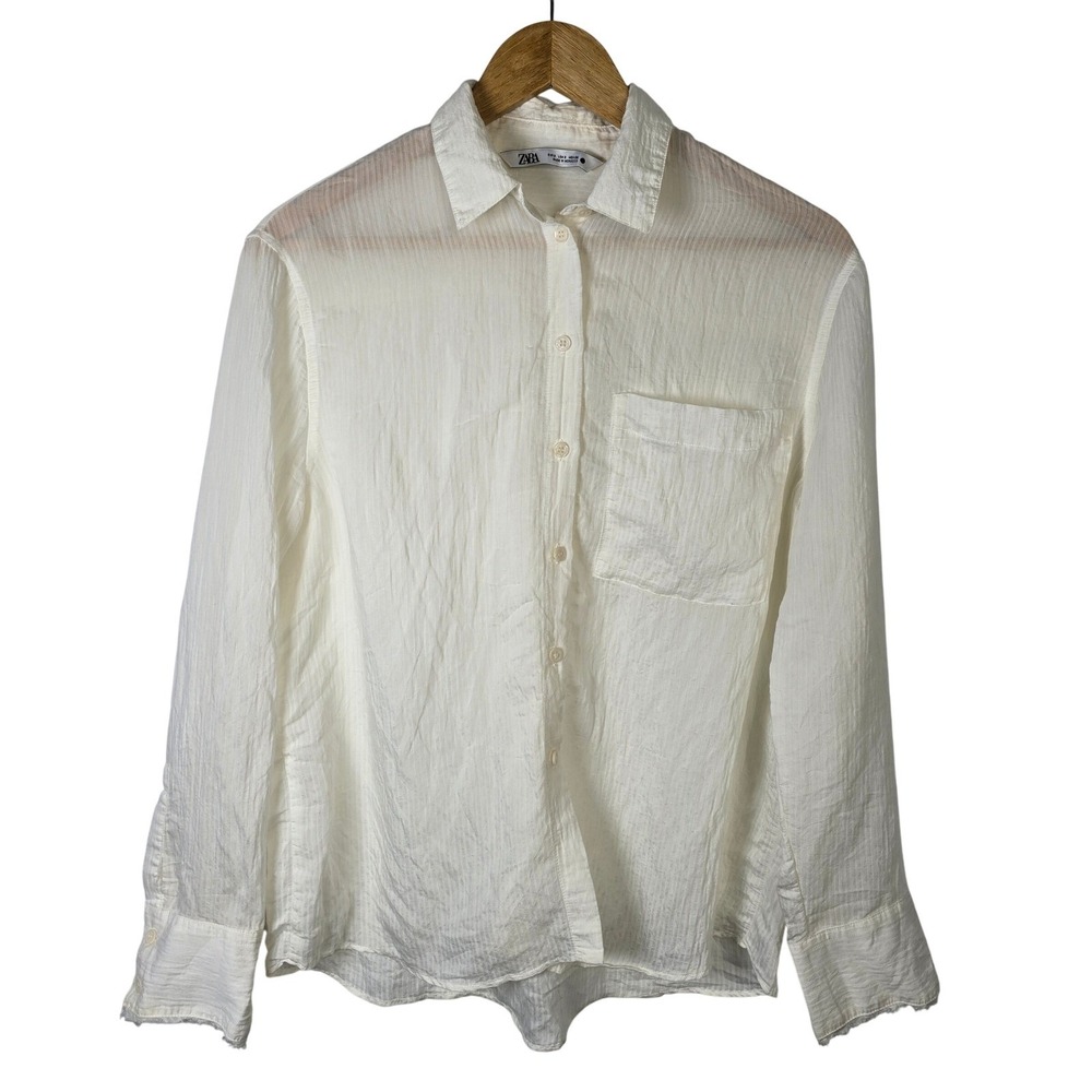 ZARA Womens White Crinkle Textured Long Sleeve Button Down Shirt Size S